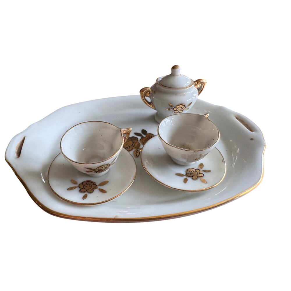 Vintage Miniature Japanese Porcelain Tea Set Tray Cups Teapot Gold Trim